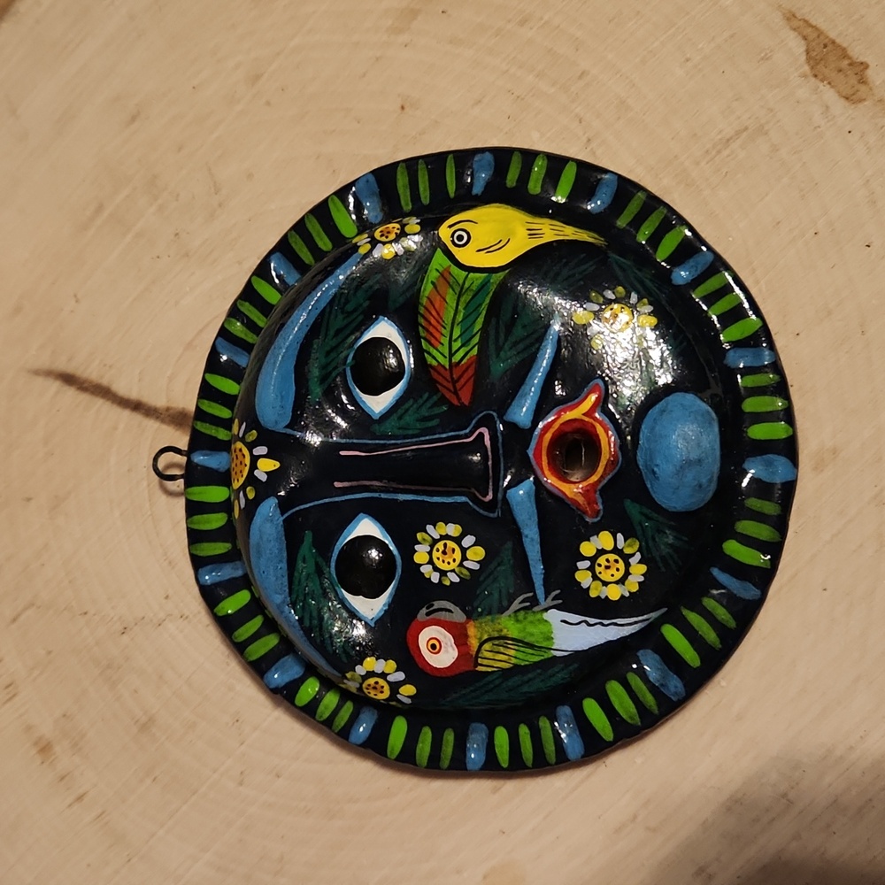 Lovely Guatemala Blue Painted Clay Round Mask Hanging Signed 2000